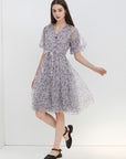 V-neck Floral A-line Puff Sleeve Dress