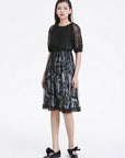 Sheer Mesh Grid Sleeve Printed Dress