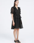 V-Neck A-line Mesh Puff Sleeve Dress