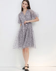 V-neck Floral A-line Puff Sleeve Dress