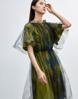 Smudged Short-sleeved A-line Mesh Dress