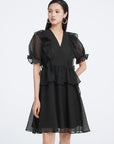 V-Neck A-line Mesh Puff Sleeve Dress