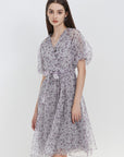V-neck Floral A-line Puff Sleeve Dress