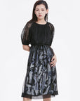 Sheer Mesh Grid Sleeve Printed Dress