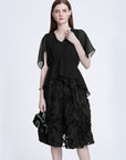 V-neck Chiffon Patchwork Black Dress