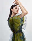 Smudged Short-sleeved A-line Mesh Dress