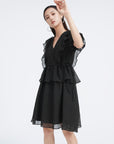 V-Neck A-line Mesh Puff Sleeve Dress