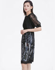 Sheer Mesh Grid Sleeve Printed Dress