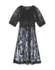 Sheer Mesh Grid Sleeve Printed Dress