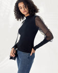 Mock Neck Mesh Sleeve Slim Knit Top