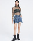 High Collar Color Contrast Print Light Long-Sleeved T-Shirt