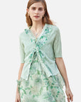 V-neck Printed Ruffled Cardigan Knit