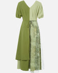 V-neck color block dress with mesh printed hem