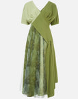 V-neck color block dress with mesh printed hem