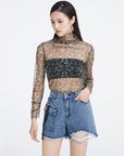 High Collar Color Contrast Print Light Long-Sleeved T-Shirt