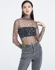 High Collar Color Contrast Print Light Long-Sleeved T-Shirt