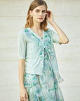 V-neck Printed Ruffled Cardigan Knit