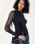 Mock Neck Mesh Sleeve Slim Knit Top