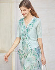 V-neck Printed Ruffled Cardigan Knit
