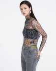 High Collar Color Contrast Print Light Long-Sleeved T-Shirt