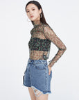 High Collar Color Contrast Print Light Long-Sleeved T-Shirt