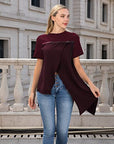 The T-shirt with irregular split and round neck design highlights a trendy and chic style