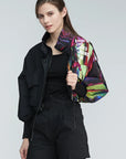 Cool Stand Collar Letter Printed Ribbed Short Jacket.