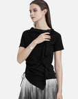 Buckle Crew Ruffle Irregular Hem T-Shirt