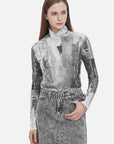 Watercolor Print High Collar Slim Top