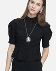 Simple Lapel Pleated Medium Sleeve Short Shirt