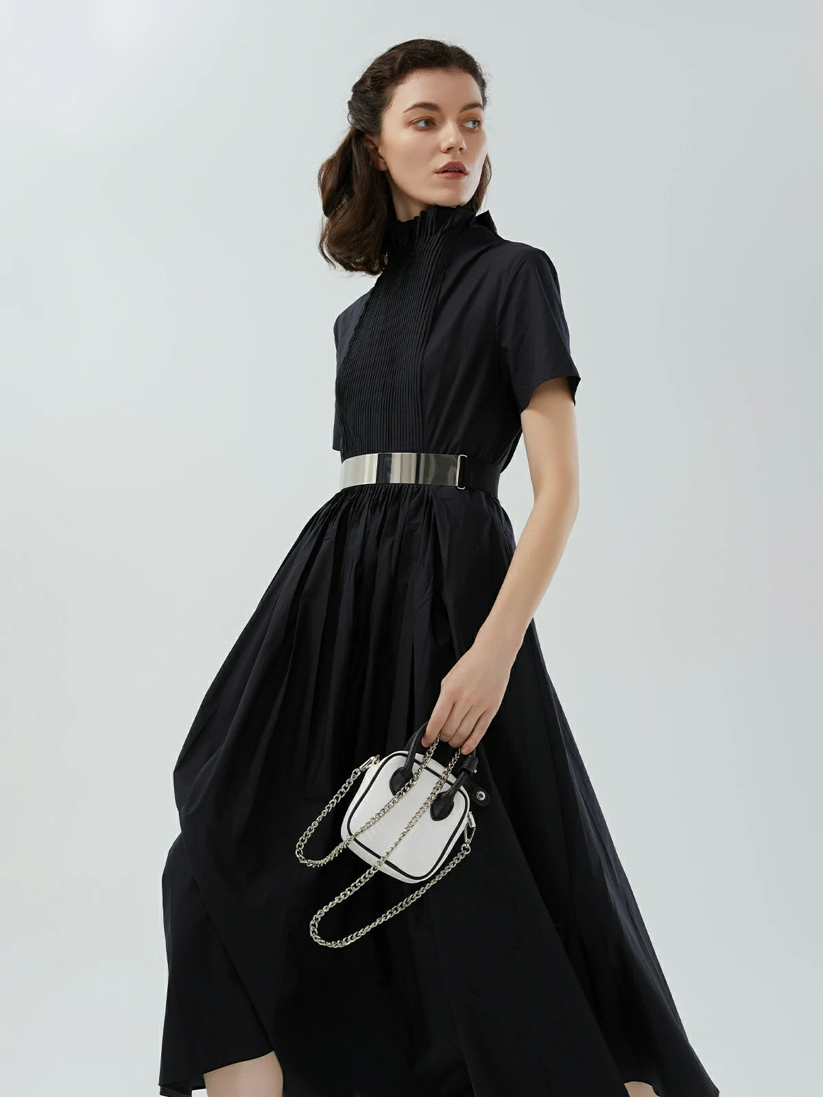 Vintage Pleated Waist Stand Collar Dress