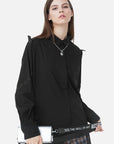 Casual Lapel Webbing Stitching Black Long-Sleeved Shirt
