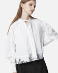 Casual V-Neck Drawstring Ink Printed White Shirt