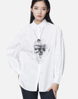 Simple Lapel Abstract Print White Long Sleeve Shirt