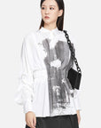Lapel Contrast Print Pleated Waist Long-Sleeved Shirt