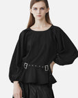 Casual Crewneck Neck Waist Gathered Puff Sleeve Shirt