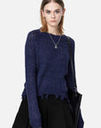 Round Neck Tassels Distressed Long-Sleeved Blue Sweater