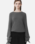 Trendy Ribbed Round Neck Sequined Balloon Sleeve Tie Sweater
