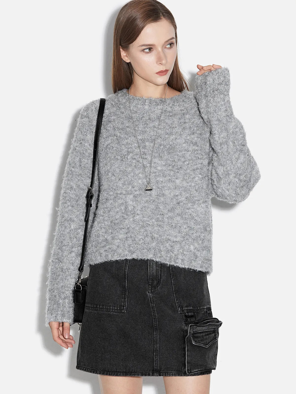 Casual Round Neck Textured Wool Thick Gray Sweater