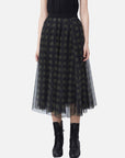 Elastic Check Printed Mesh Stitching Irregular Long Skirt