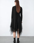 Round Neck Stitching Mesh Irregular Long-Sleeved Dress
