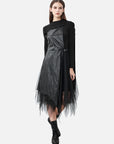 Round Neck Stitching Mesh Irregular Long-Sleeved Dress