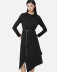 Round Neck Splicing Waist Irregular Long-Sleeved Dress