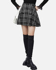 Vintage Plaid Leather Patchwork A-Line Pleated Skirt