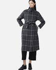 Lapel Collar Contrasting Plaid Splicing Long Wool Coat