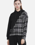 Drawstring Hooded Plaid Stitching Irregular Sweater Jacket