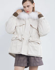 Mid-Length Parker Cotton Jacket With Fur Collar And Hood