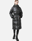 Hooded Waist And Contrasting Letters Long Down Jacket