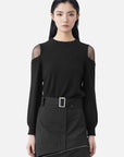 Ribbed Crewneck Organza-Paneled Long-Sleeved Sweater
