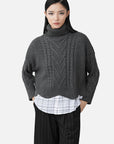 Turtleneck Crochet Check Stitching Irregular Knitted Sweater